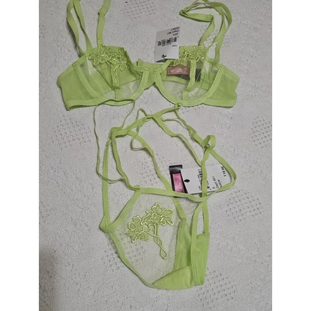 Love Vera Lingerie Set Acid Lime Embroidered Mesh Bra 32A & Strappy Thong S NEW